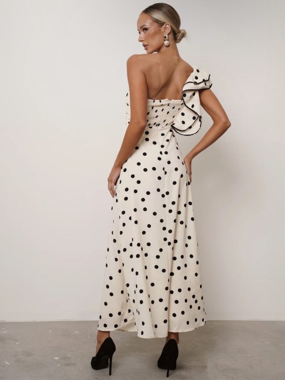 MABLE Ivory Black Polka Dot One Shoulder Ruffle Maxi Dress